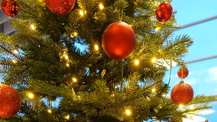 Nærbilde av røde kuler på juletre