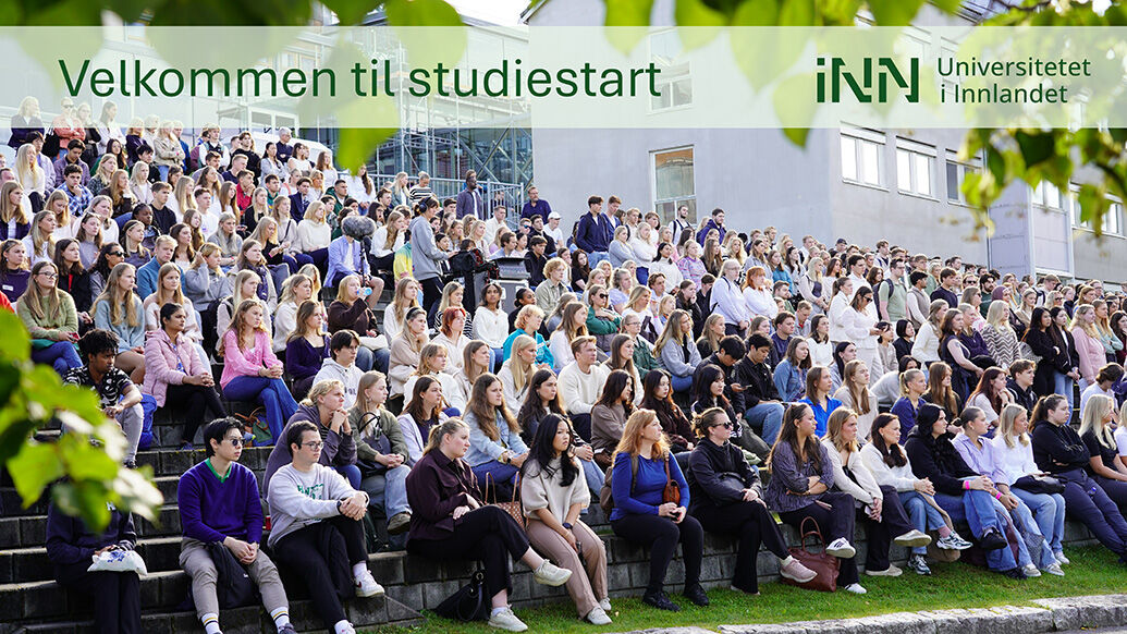 Fem studenter sitter på amfiet utenfor Storhove. De ler og snakker med hverandre. To jenter og tre gutter.