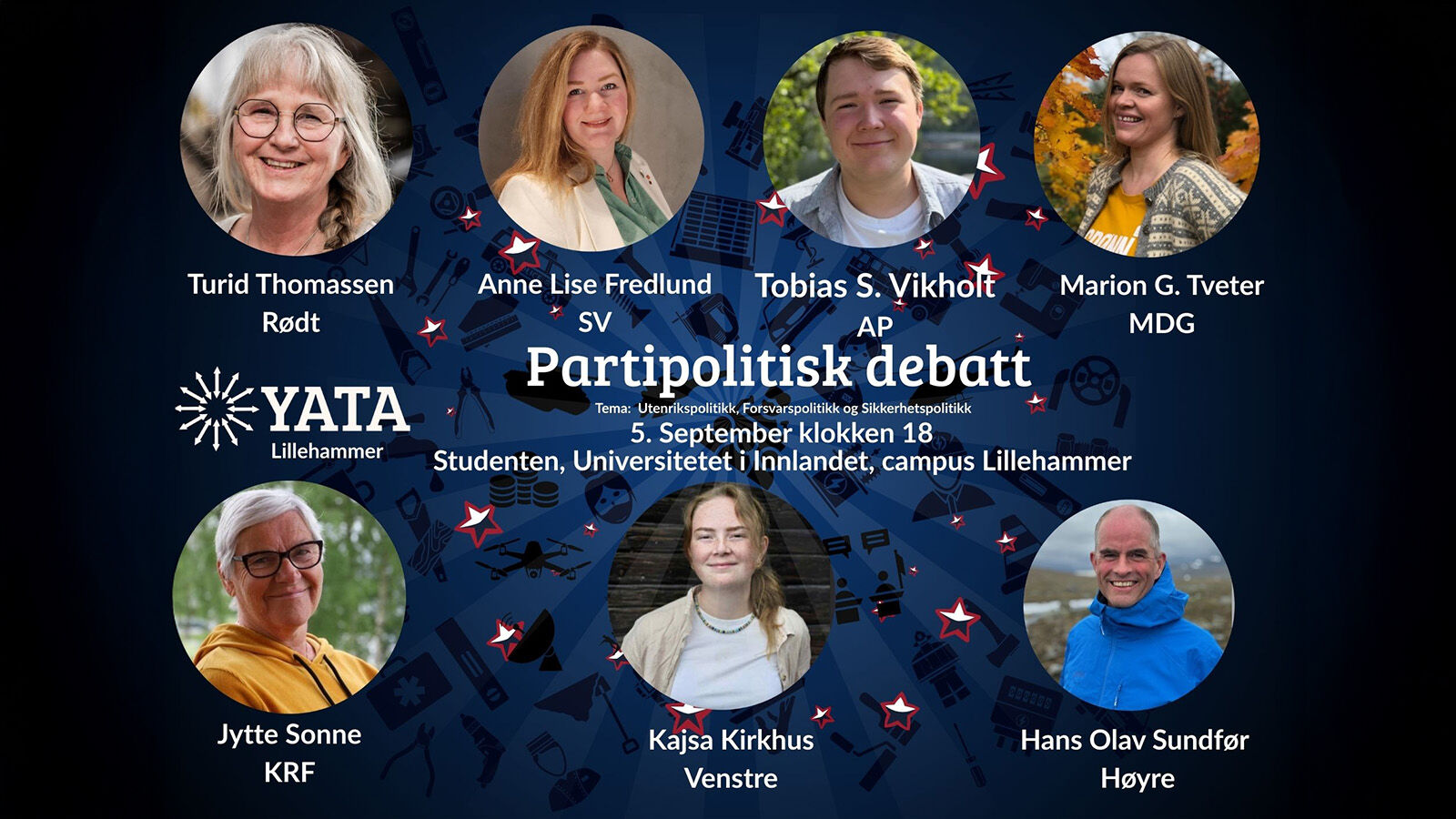 Banner med tittel og portretter av debattantene