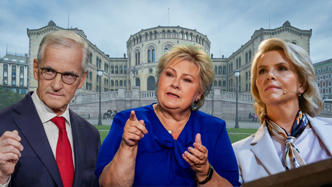 Kollasj med stortingsbygningen og Støre, Solberg og Listhaug
