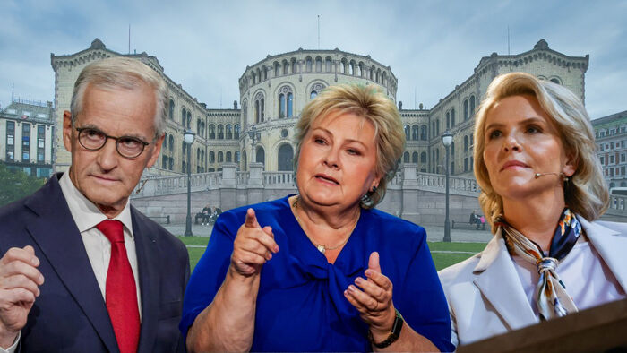 Kollasj med stortingsbygningen og Støre, Solberg og Listhaug