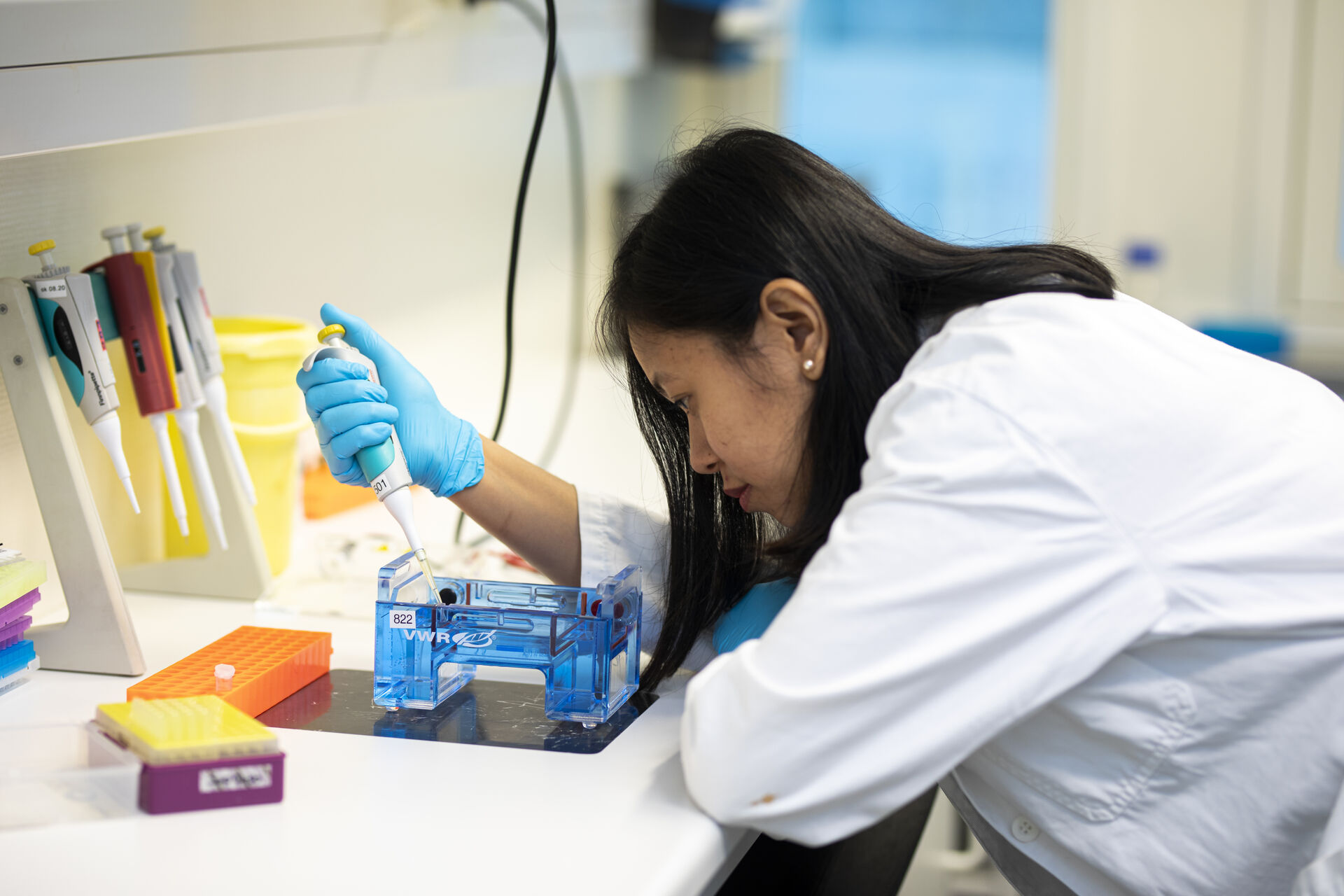 En kvinne er i laboratoriet og pipetterer noe. I bakgrunnen er det diverse laboratorieutstyr.