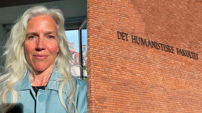 Builde av dame med olaskjorte og langt grått hår ved siden av en murvegg