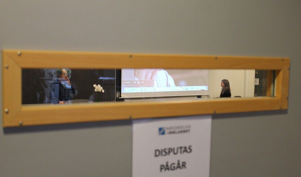 A door with a sign saying oral defence in progress, and a window through which we see two people.