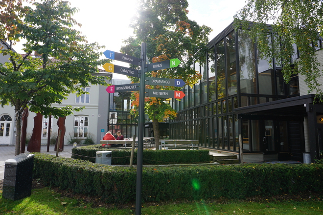 Campus buildings and signpost at INN University, Hamar