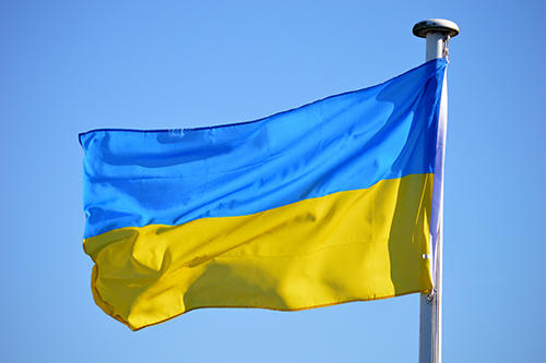 A close-up photo of the Ukrainian flag. 
