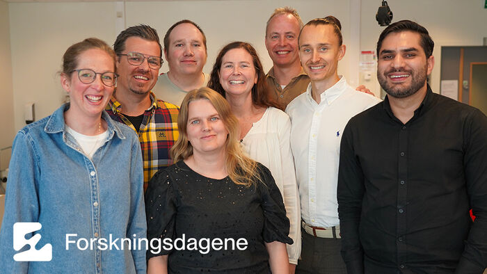Åtte av deltakerne i årets Forskerkamp på HINN. Første rad fra venstre: Lene Nygaard Solli, Karoline G. Hansen og Touseef Hameed. Andre rad fra venstre: Frode Johansen, Elisabeth Øverland og Martin Hanssen. Bakerst fra venstre: Bjørn Ronny Vien og Bendik Stang.