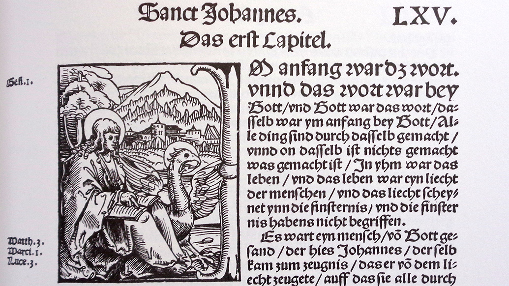 Utsnitt av det første kapitlet i Johannesevangeliet i Martin Luthers oversettelse av Det nye testamentet.