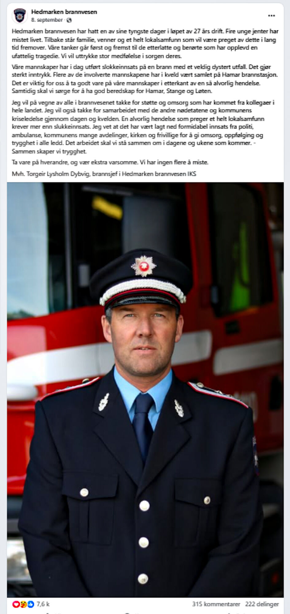 Skjermdump av en Facebook-post hos brannvesenet