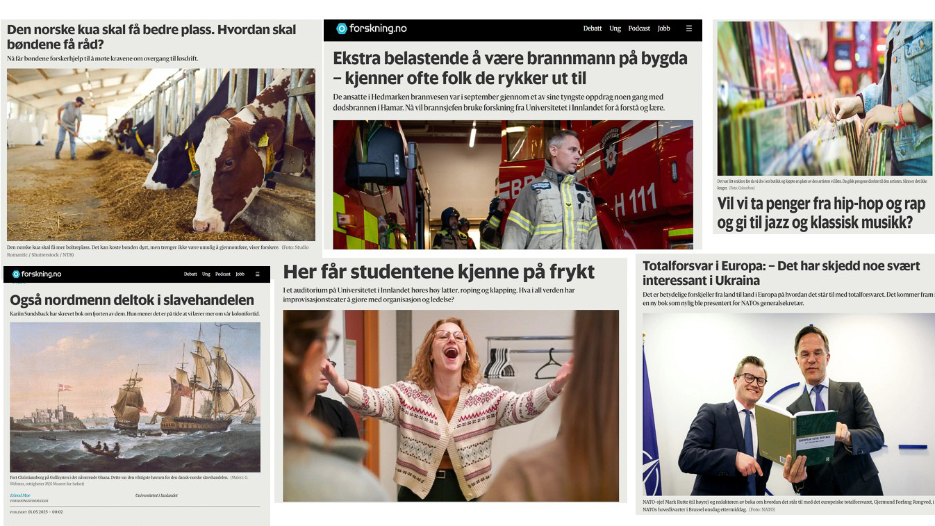Kollasje av skjermdumper av forsidesaker på forskning.no