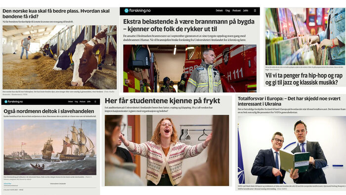 Kollasje av skjermdumper av forsidesaker på forskning.no
