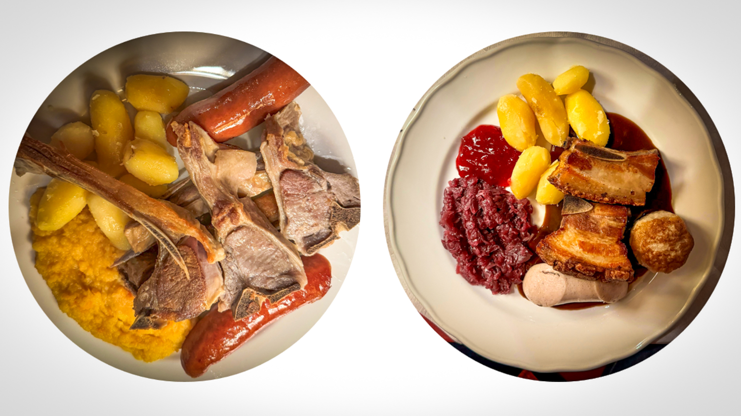 To tallerkener - den ene med pinnekjøtt og den andr emed ribbe - med alt tilbehør