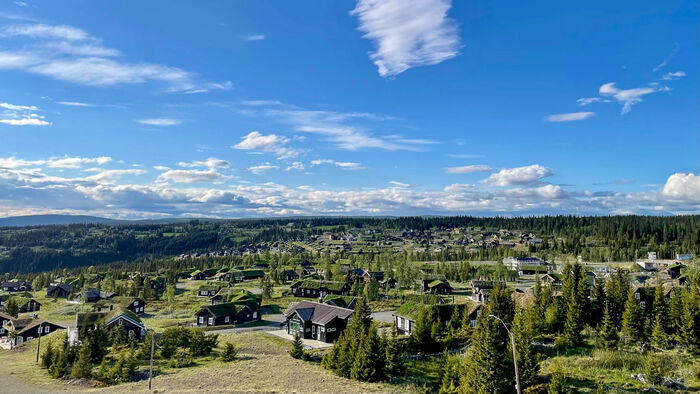 Oversiktsbilde over hyttefelt. Klar blå himmel og grønn skog.