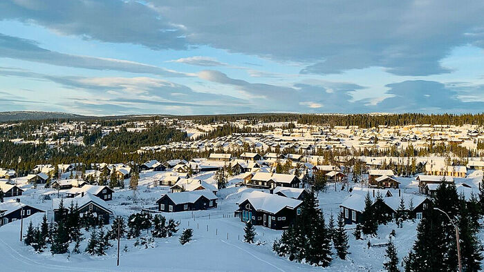 Bilde av hytter i vinterlandskap
