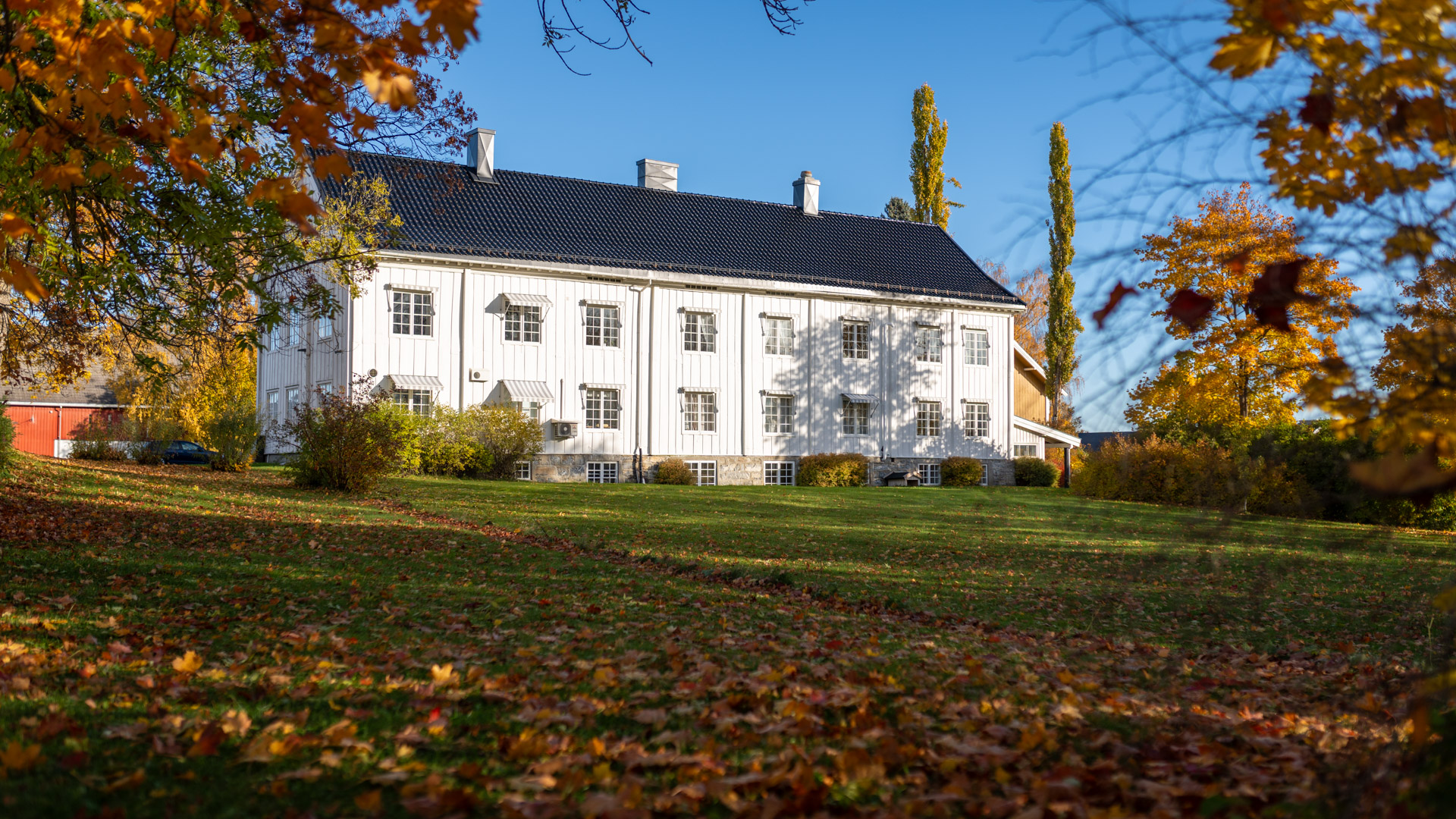 Det hvite hovedbygget på Blæstad i høstsol.