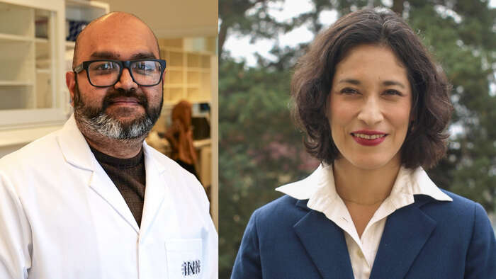 Bildekollasj av to stykker, en mann med hvit frakk og ei dame med hvit skjorte og blå jakke ved siden av hverandre