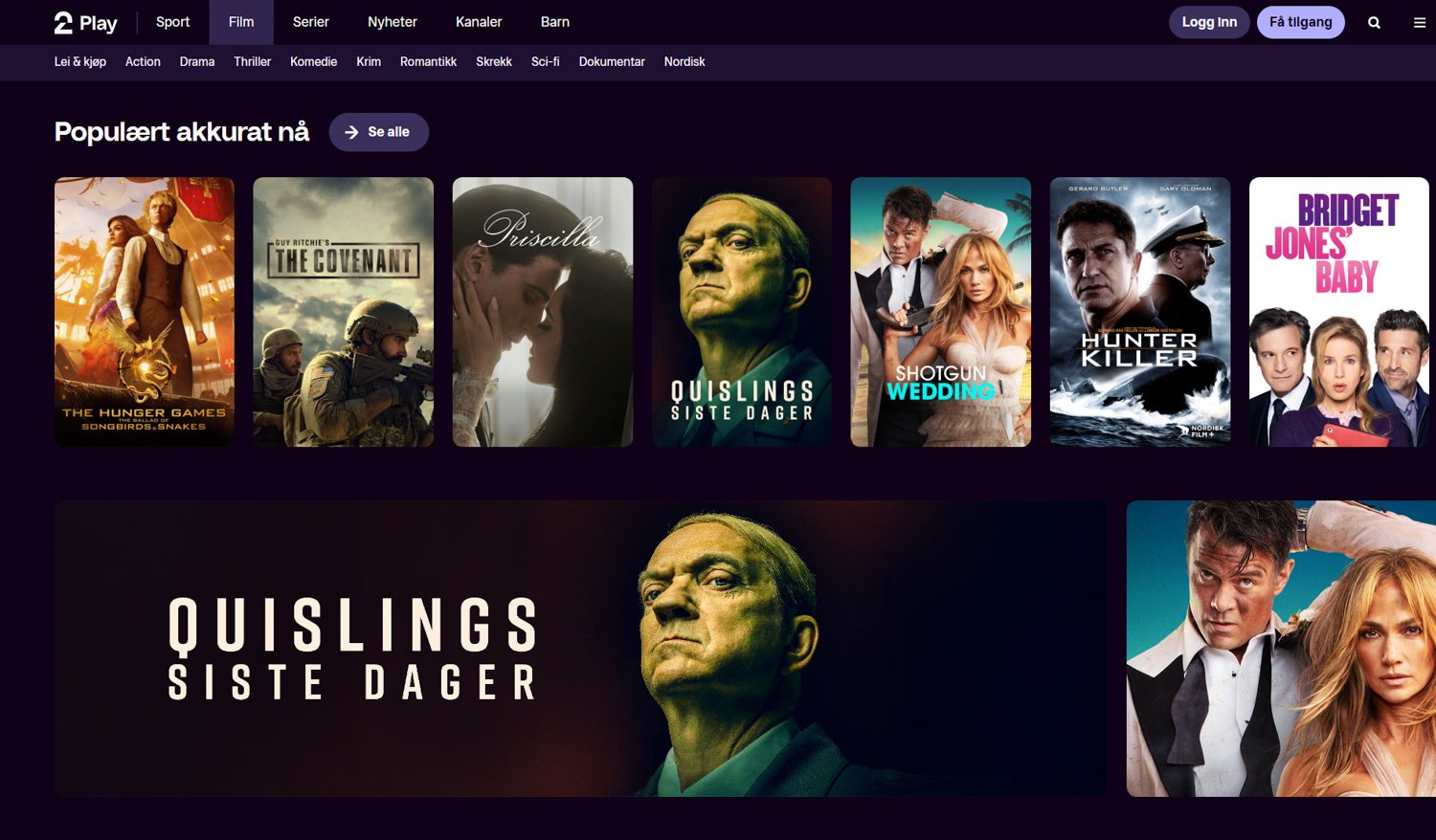 Skjermdump av forsiden til TV2 Play med småbilder av filmplakater