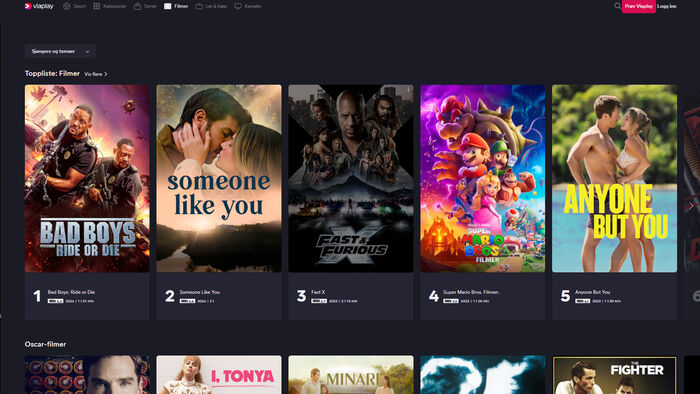 Skjemdumpt av nettsiden til Viaplay med mange små ruter med filmplakater på