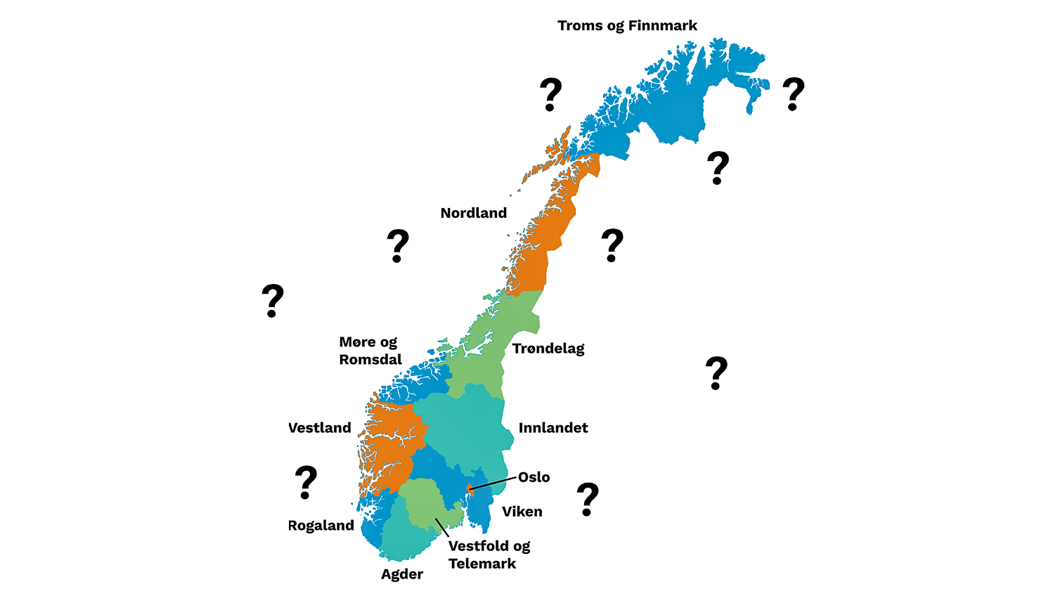 Norgeskart med inndeling i fylker med store spørsmålstegn rundt