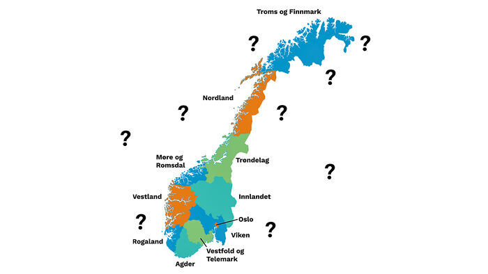 Norgeskart med inndeling i fylker med store spørsmålstegn rundt