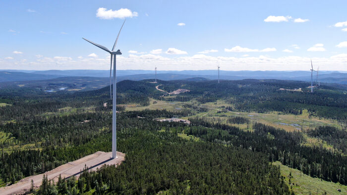 Vindmøller i et skoglandskap