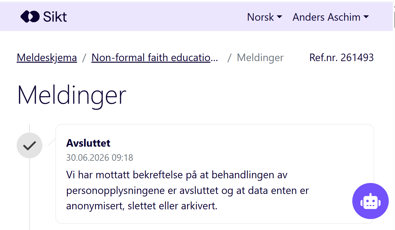 Melding om at behandling av personopplysninger er avsluttet
