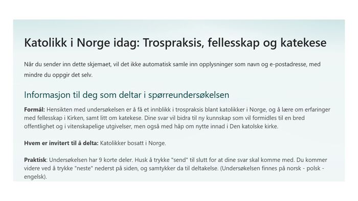 Skjermbilde av forsiden av spørreskjemaet