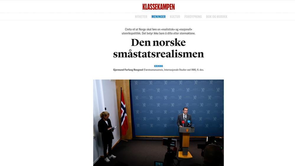 Skjermdump av kronikk i Klassekampen