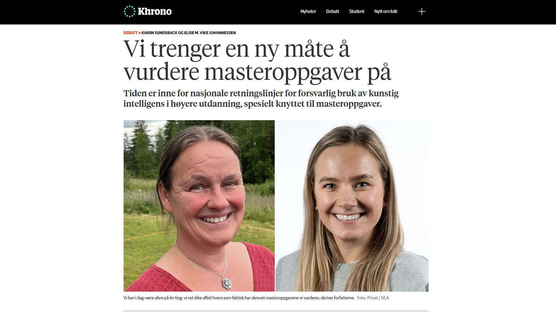 Skjermdump fra debattsiden i Khrono med bilde av to damer