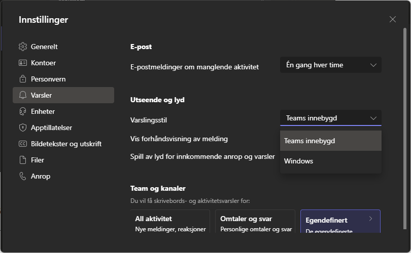 Trykk på Varsler, og deretter endrer du Varslingsstil fra Teams innebygd til Windows.