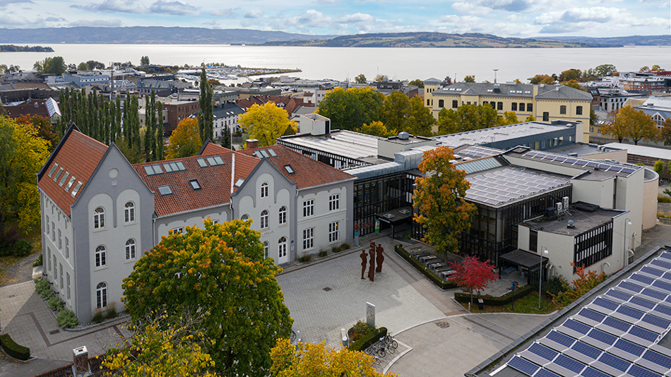 A drone photo showing INN University's Hamar campus from above.