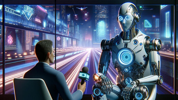 Viser en robot som blir intervjuet av en mann som sitter i en stol. Bildet er i et futuristisk miljø i rosa og blåtoner.