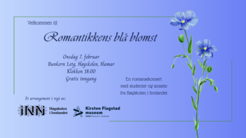 Bildet av invitasjonen til konserten med detaljer om når og hvor og en blå blomst som illustrasjon.