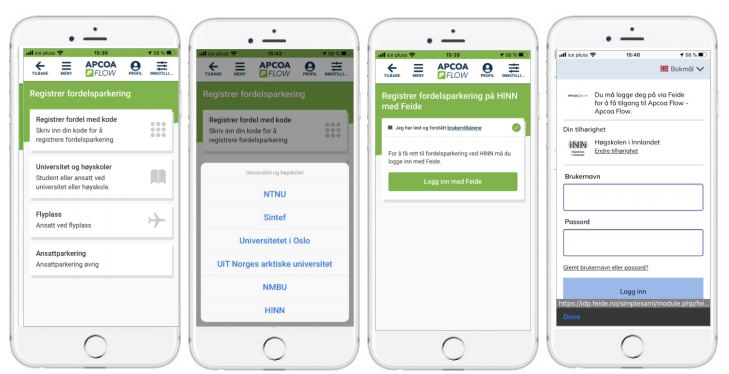 Foto av smarttelefon som viser hvordan man registrerer fordelsparkering i APCOA app.