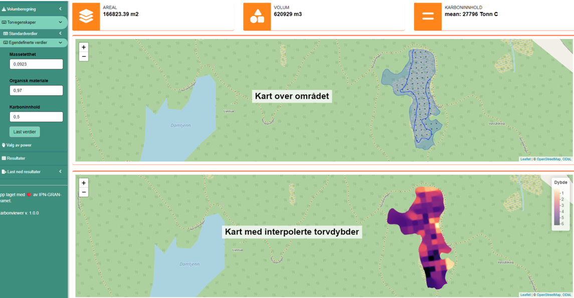 CarbonViewer-applikasjonen vises. Det er to kart, ett av området og ett med interpolerte torvdyp. Beregnet areal, volum og karboninnhold er vist over kartene.
