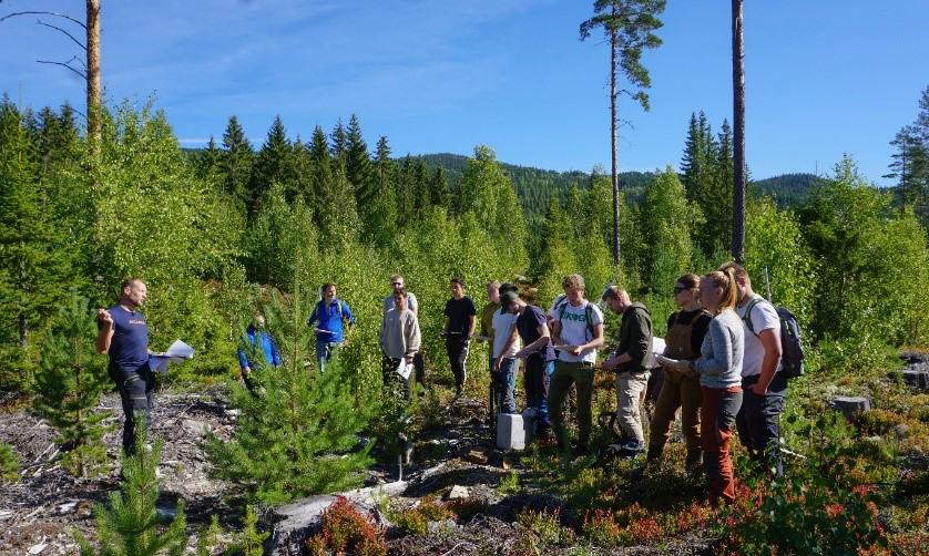 Forelesning ute i skogen; en mannlig lærer snakker til en gruppe studenter. Nydelig høstvær.