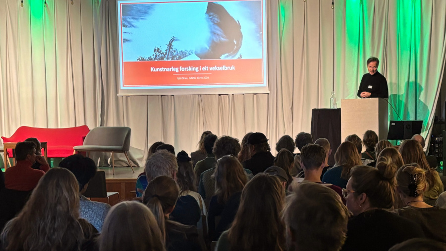 Njål Ølnes på talerstolen på en scene med en powertpoint-presentasjon på lerret og foran rundt 100 publikummere