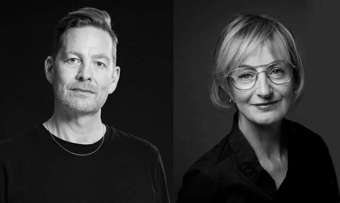 Bilder av Stefan Faldbakken og Nina Grünfeld, portrettbilder i svart-hvitt hvor de erhalvt smilende