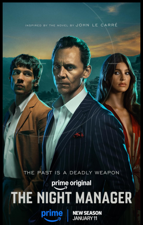 Reklameplakat fra serien Night manager med tre mennesker mot en solnedgang
