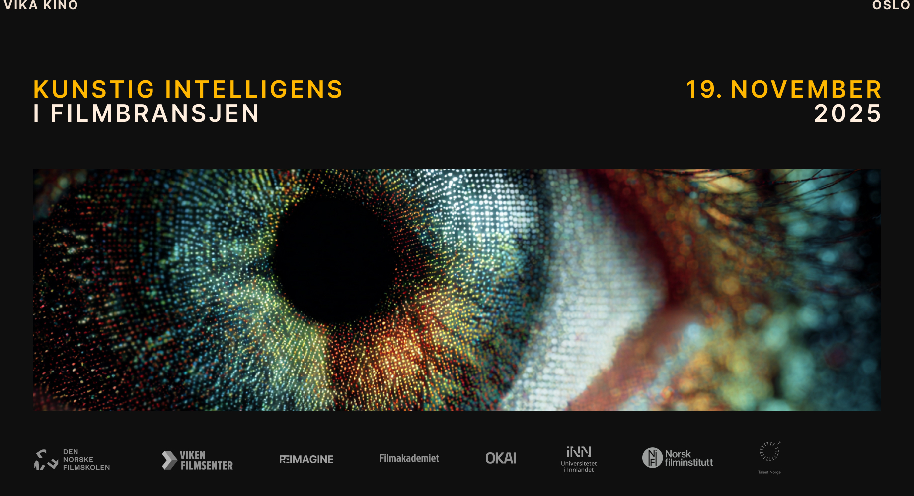 Plakat med svart bakgrunn og nærbilde av et øye i digital grafikk.