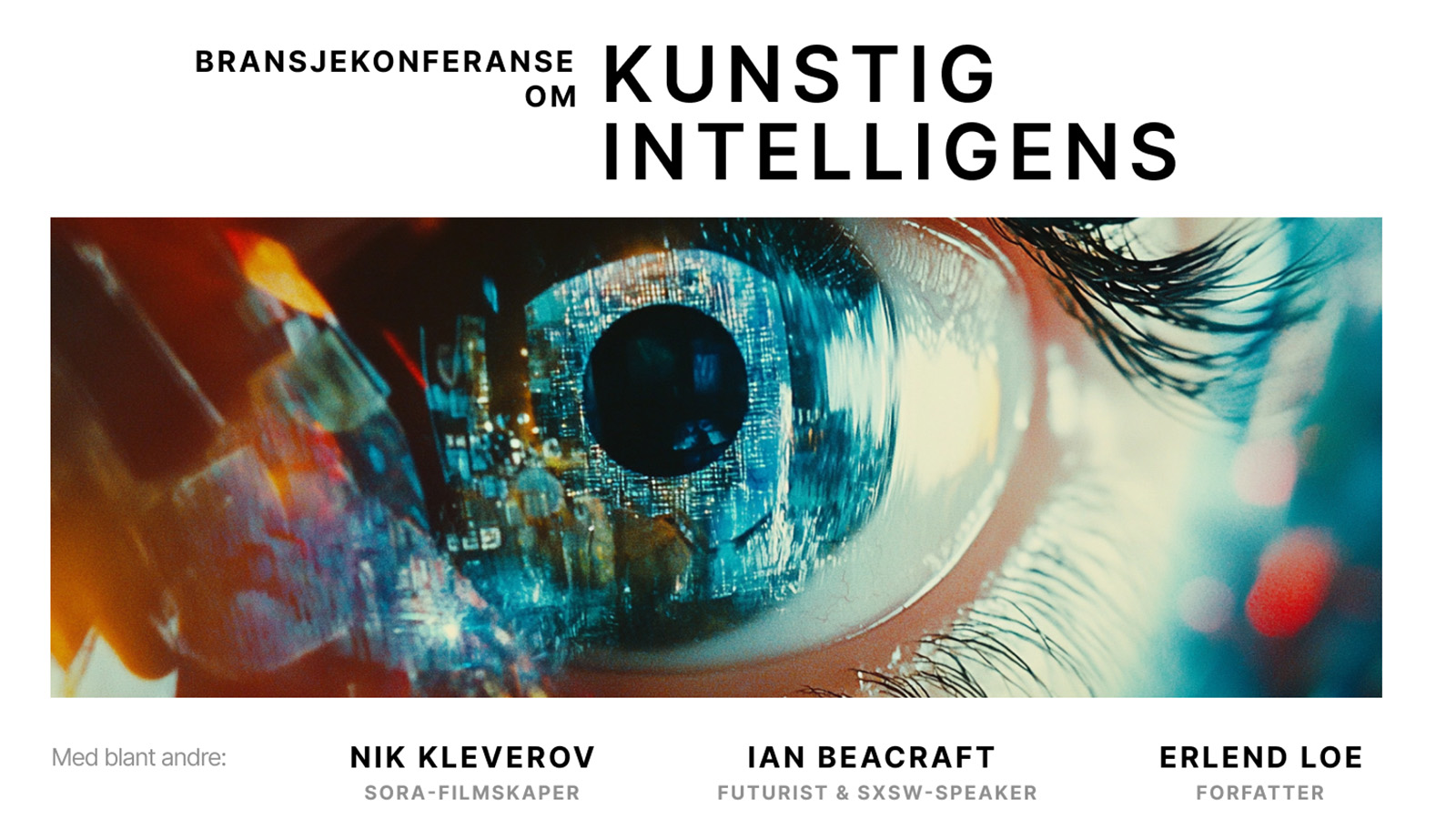 KI-generert bilde med et øye hvor det reflekteres teknologisk utstyr
