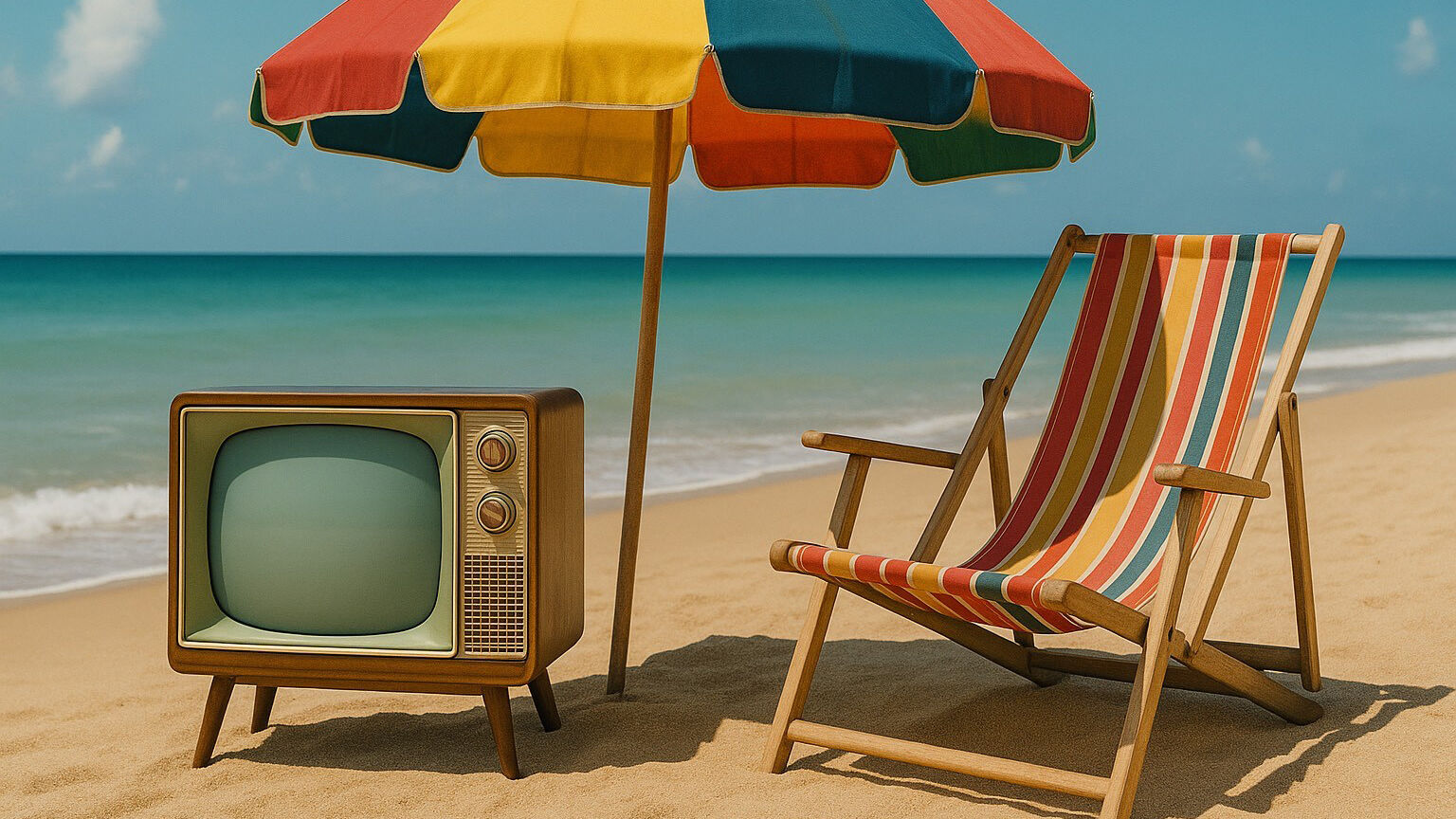 Bilde fra en strand med parasoll, TV og en solseng i retrofarger. Bilde er laget ved hjelp av KI
