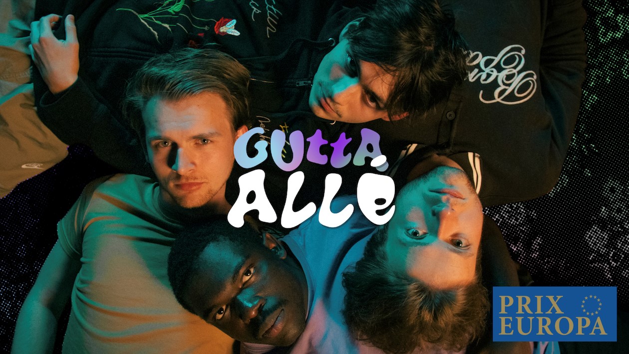 Plakat fra serien Gutta Allé. fire ansikter av hoveddeltagerne i serien