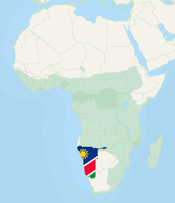 Kart over Afrika med Namibia avmerket med utdrag fra landets flagg