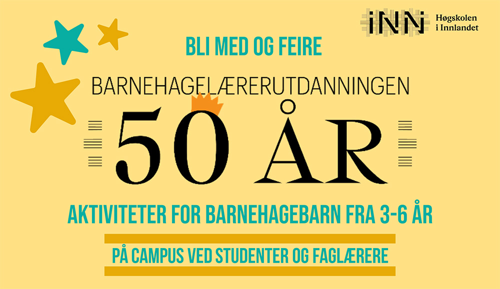 Banner Barnehagelærerutdanningens 50-årsjubileum - tekst på gul bakgrunn