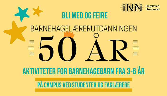 Banner Barnehagelærerutdanningens 50-årsjubileum - tekst på gul bakgrunn