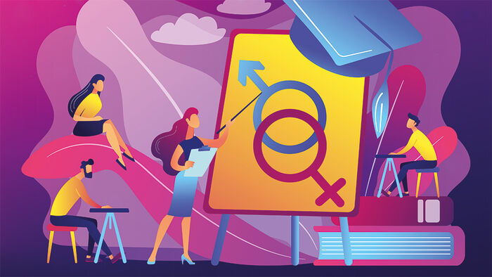 Female teacher at board giving a lesson on sexual education to students. Sex education, sexual health teaching, sex education lesson concept.a