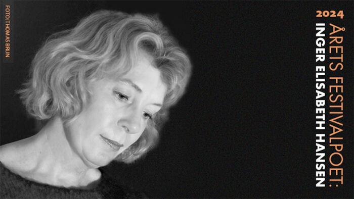Banner med bilde av Inger Elisabeth Hansen og tekst Årets festivalpoet: Inger Elisabeth Hansen