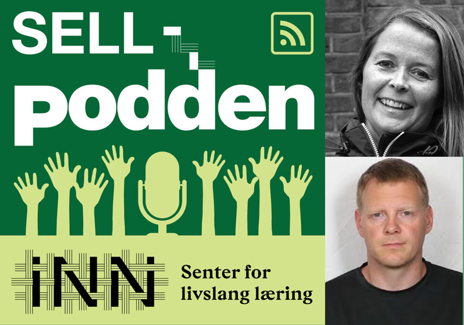 Bilde av logoen til SELLpodden og de to personene som deltar i podkasten 