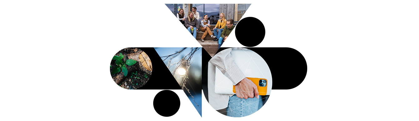 Promoplakat for Kvalitetskonferansen, med små bilder av skogbunn og frossen natur, en hånd som holder pc og mobil, og studenter som ler og smiler.
